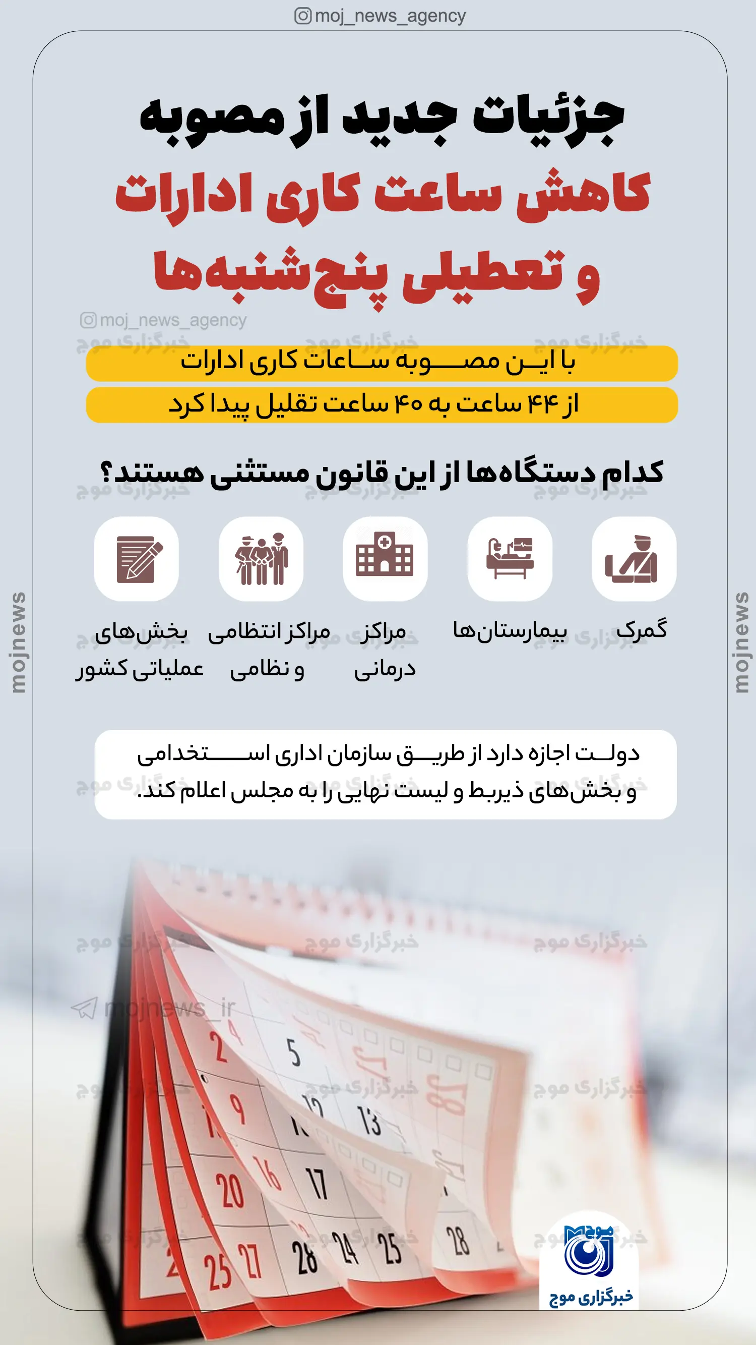 جزئیات جدید از مصوبه کاهش ساعت کاری ادارات و تعطیلی پنج‌شنبه‌ها موج