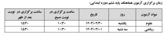 امتحانات دانش آموزان پایه ششم