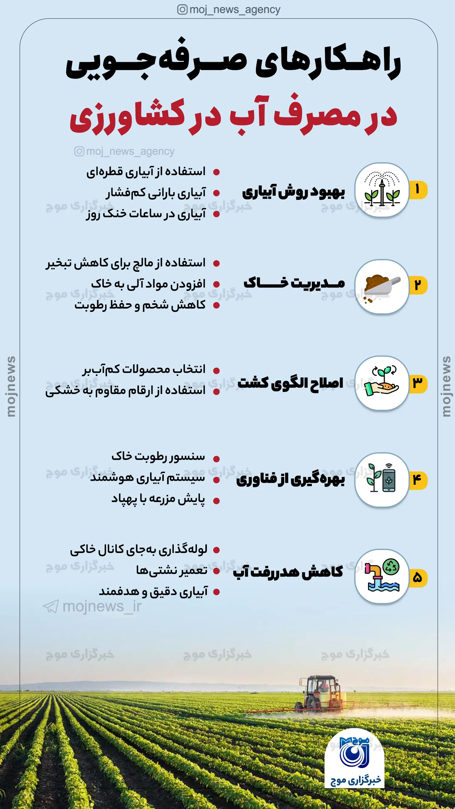 راهکارهای صرفه‌جویی در مصرف آب در کشاورزی موج