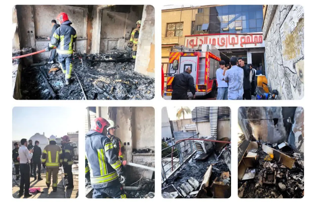 مهار آتش‌ سوزی گسترده ۳ منزل مسکونی و مجتمع تجاری سلطانیه در شیراز