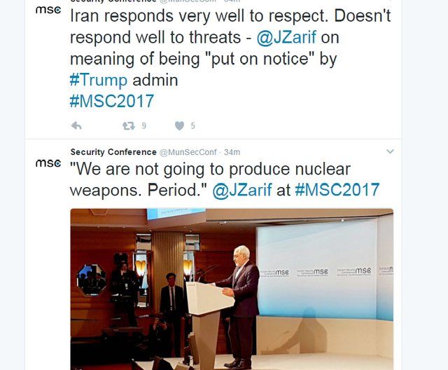 نظر ظریف درباره پاسخ ایران به تهدیدات در توئیتر کنفرانس امنیتی مونیخ