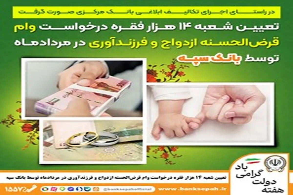 تعیین شعبه 14 هزار فقره درخواست وام قرضالحسنه ازدواج و فرزندآوری در مردادماه توسط بانک سپه