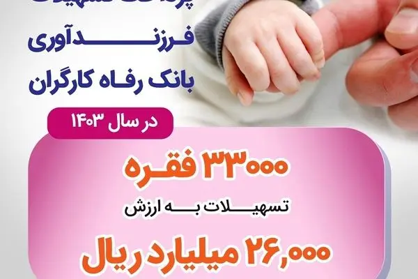 پرداخت بیش از 26 هزار میلیارد ریال تسهیلات قرض‌الحسنه فرزندآوری توسط بانک رفاه کارگران