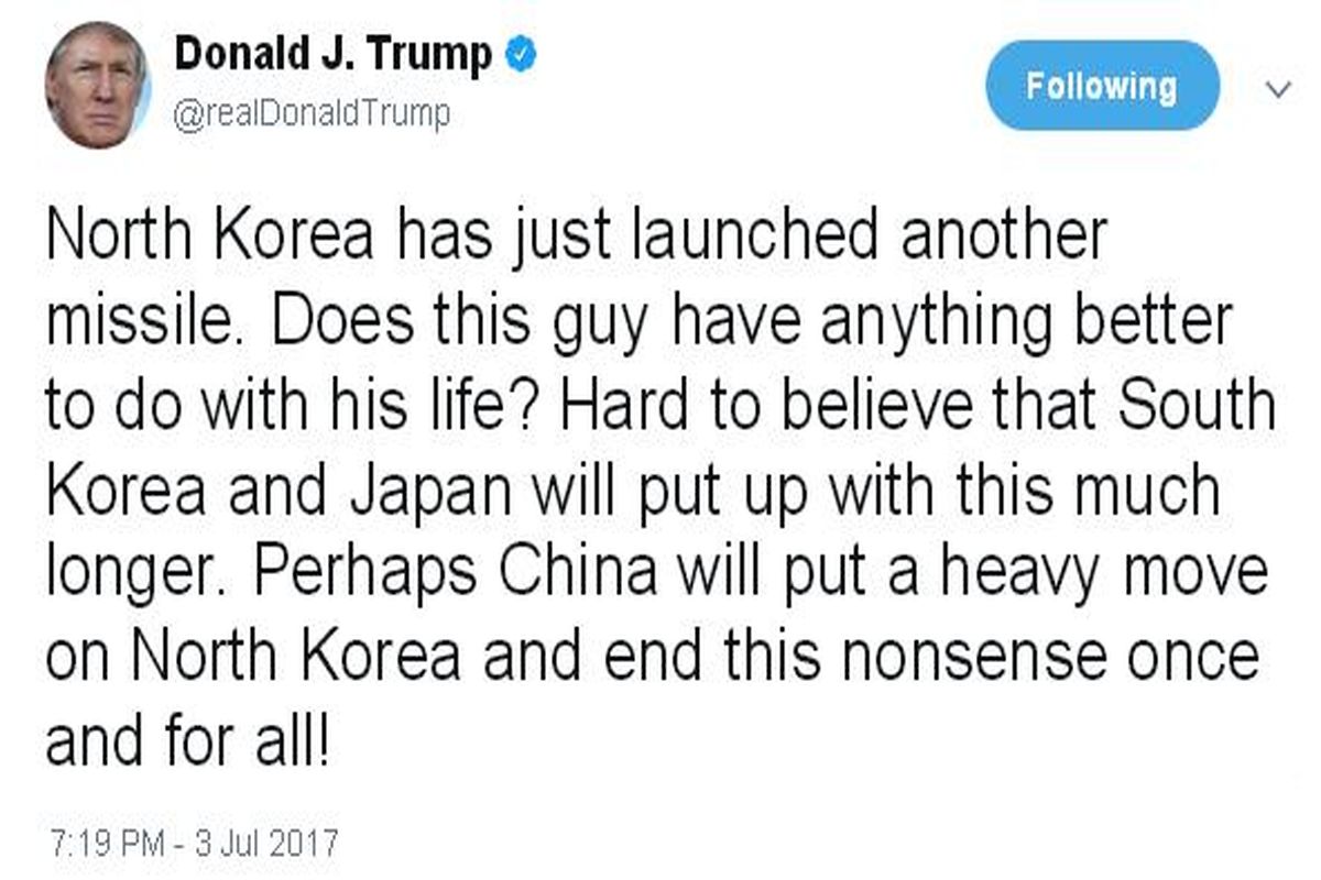 واکنش توییتری ترامپ به آزمایش موشکی کره شمالی
