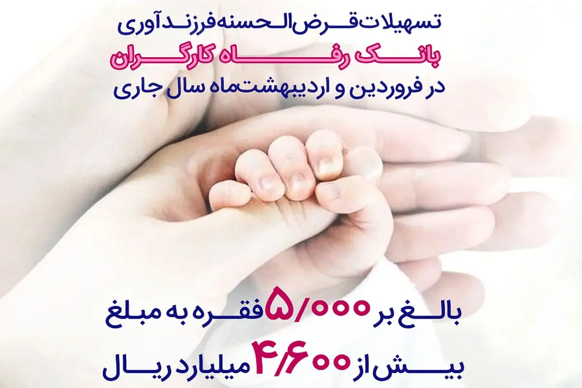 پرداخت بیش از 4,600 میلیارد ریال تسهیلات قرضالحسنه فرزندآوری از سوی بانک رفاه کارگران