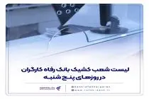 فهرست شعب کشیک بانک رفاه کارگران در روز پنج‌شنبه 12 تیرماه اعلام شد