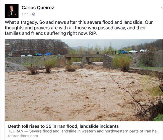 ابراز همدردی کارلوس کی‌روش با سیل‌زدگان