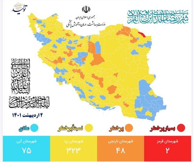 جدیدترین رنگ بندی کرونا در کشور ۳ اردیبهشت ۱۴۰۱/ تنها دو شهر در وضعیت قرمز